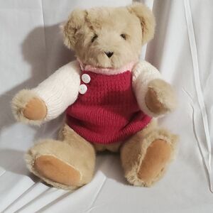 Vermont Teddy Bear | Handmade | 10"/17" | Tan with Pink & White Sweater | 2009
